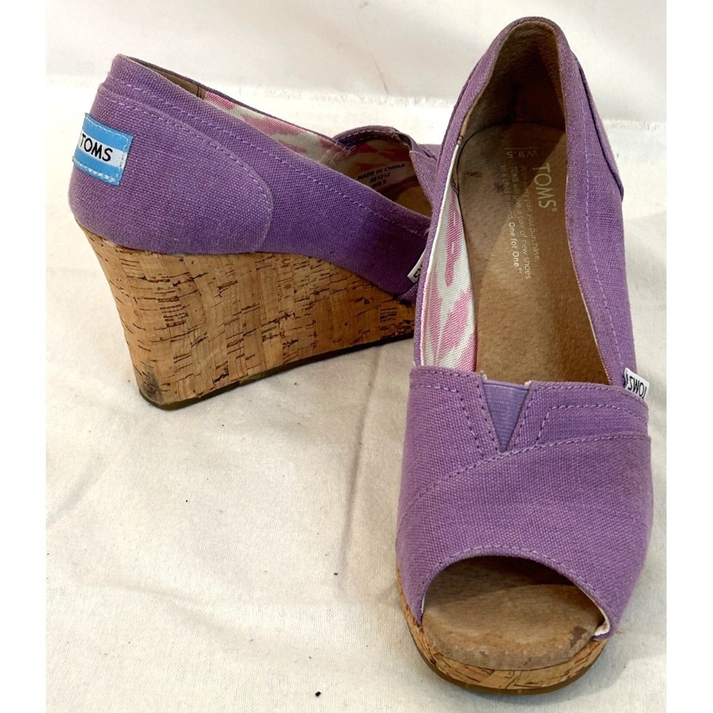 Toms Stella Women's Peep Toe Cork Wedge Fabric Natural Khaki Purple  Sz 9.5